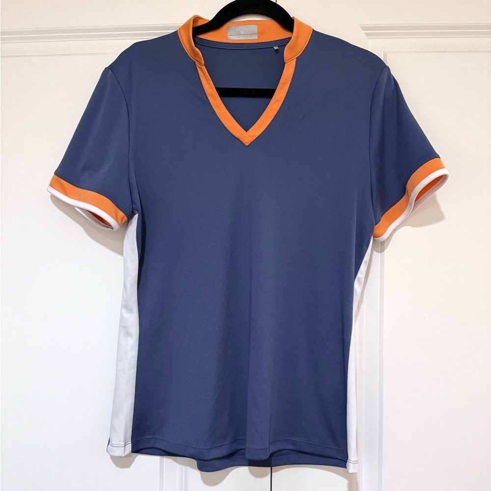 Callaway Women’s Blue and Orange V-Neck Opti-Dri top